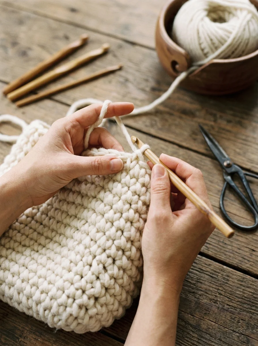 Mains crochetant un fil ivoire sur une table en chêne