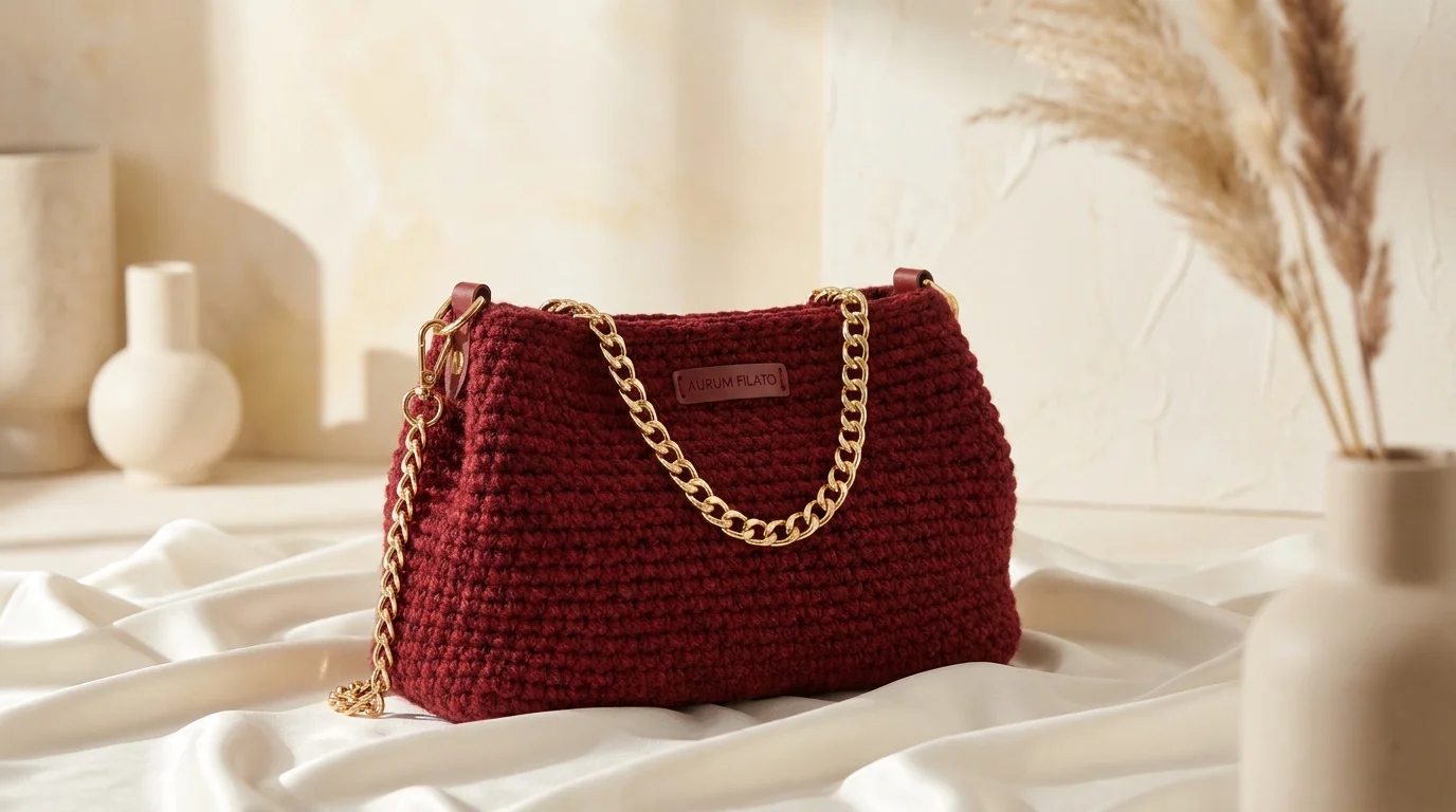 Sac en crochet bordeaux fait main avec chaîne dorée sur soie blanche